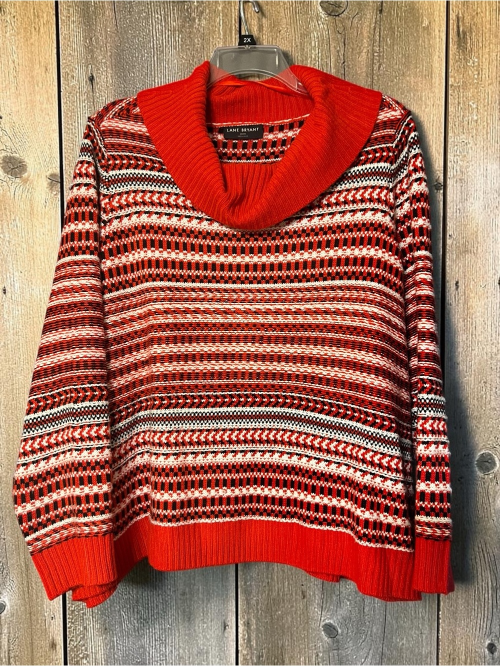 Lane Bryant Red Mixed-Stripe Cowl Sweater with White & Black Accents